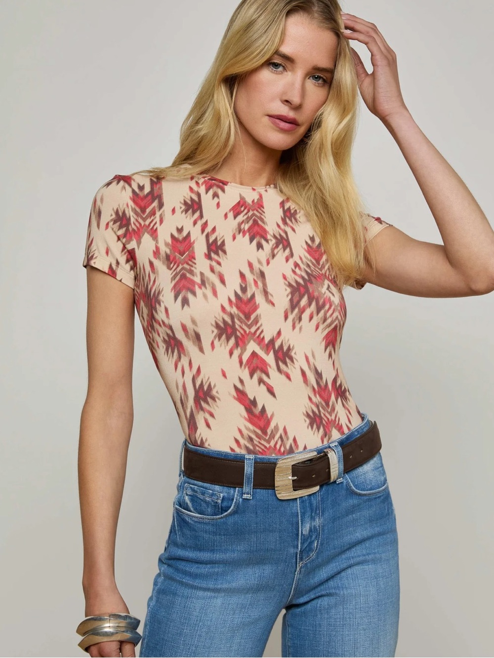 L'AGENCE Ressi Crewneck Fitted T Shirt Top Tan Multi Ganado Print Size S/P NWT